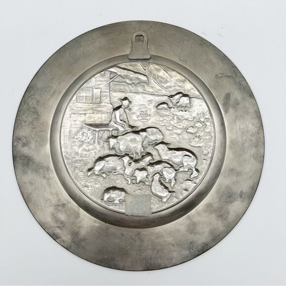 SKS Zinn 95% Pewter Decorative Round Wall Plate Decor Sheepherder West Germany - Picture 7 of 8